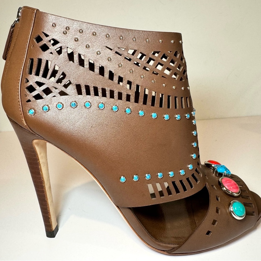 Gucci Lika Brown Leather Cutout Embellished Open Toe Bootie Sandal, Sz 38.5 - Picture 6 of 16